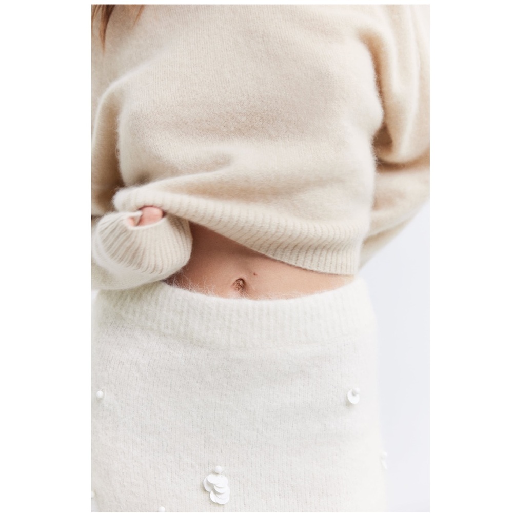 Zara Sequin embroidered Alpaca Blend Knit Pencil Midi Skirt Ecru white S NWT - Picture 9 of 15